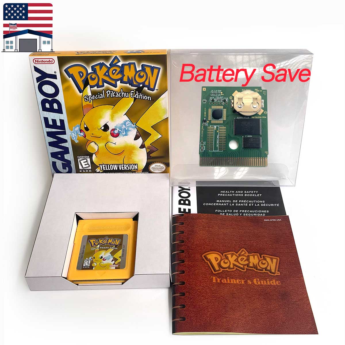 （Shipped from the United States)USA Pokemon Battery Save cart Crtstal, Red, Blue green,Yellow, Gold, Silver,  box trey manual Game Cartridge for GBC