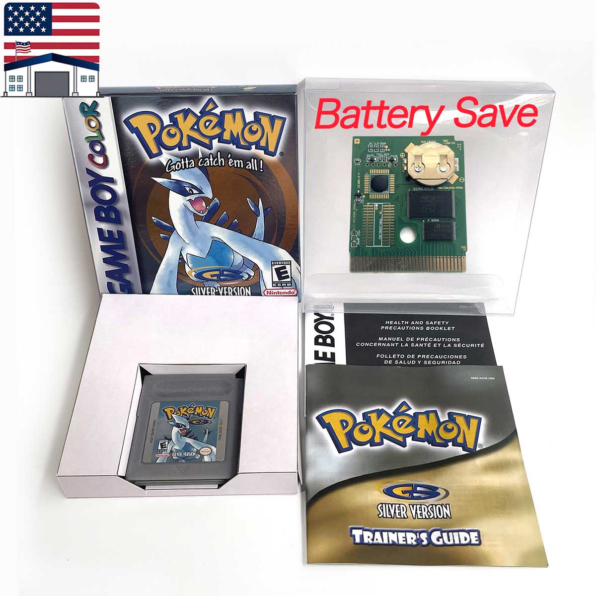（Shipped from the United States)USA Pokemon Battery Save cart Crtstal, Red, Blue green,Yellow, Gold, Silver,  box trey manual Game Cartridge for GBC