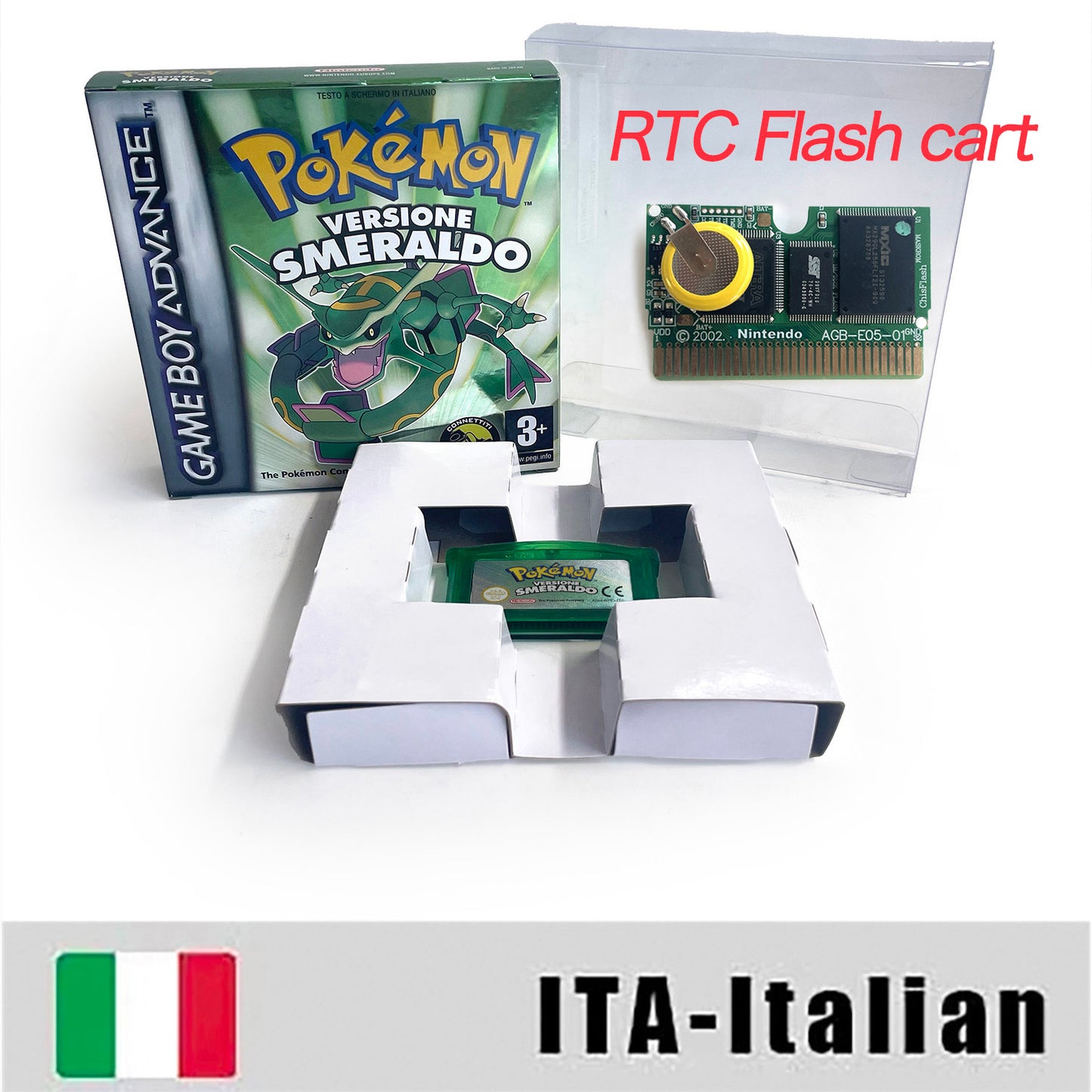 ITA Italian IC save rtc flash cart Real Time Clock pokemon smeraldo version box with tray Nintendo game cartridge for gba game boy advance