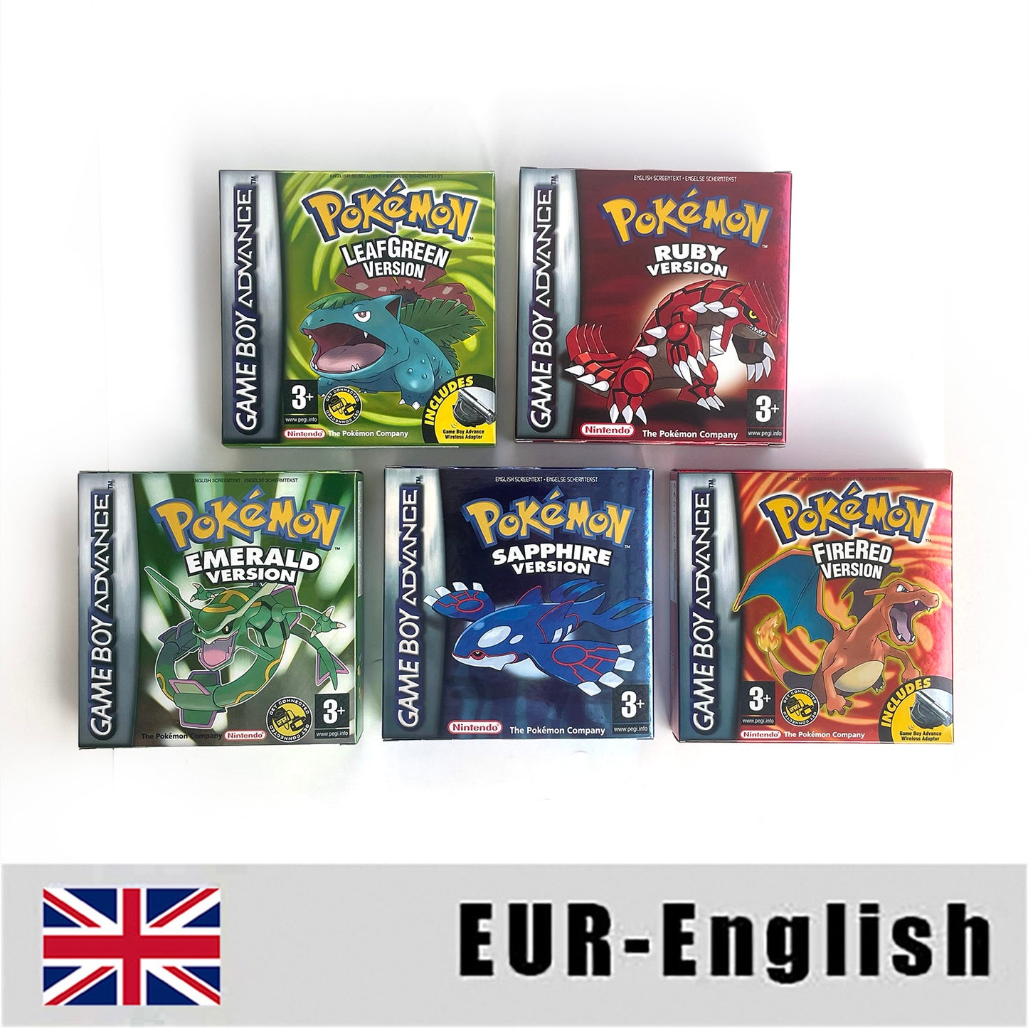 USA NOE FRA EUR ESP ITA Pokemon Emerald Ruby Leafgreen Sapphire Firered Nintendo Metallic Holographic BOX for GBA multiple languages