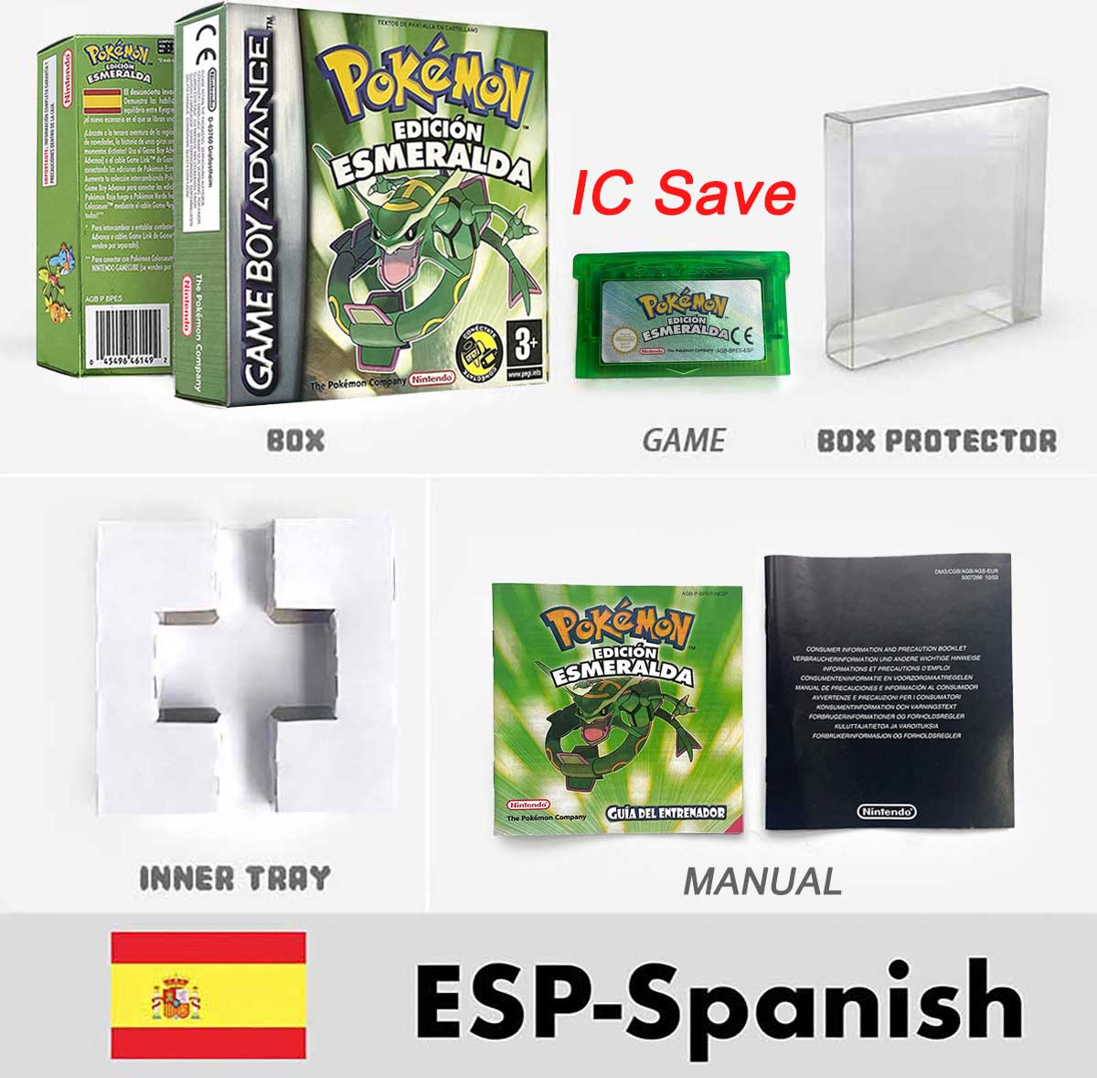 USA FRA NOE FRA IC SAVE Pokemon Emerald Ruby Firered Sapphire LeafGreen Sealed Box Tray Game Cartridge Manual for Gba