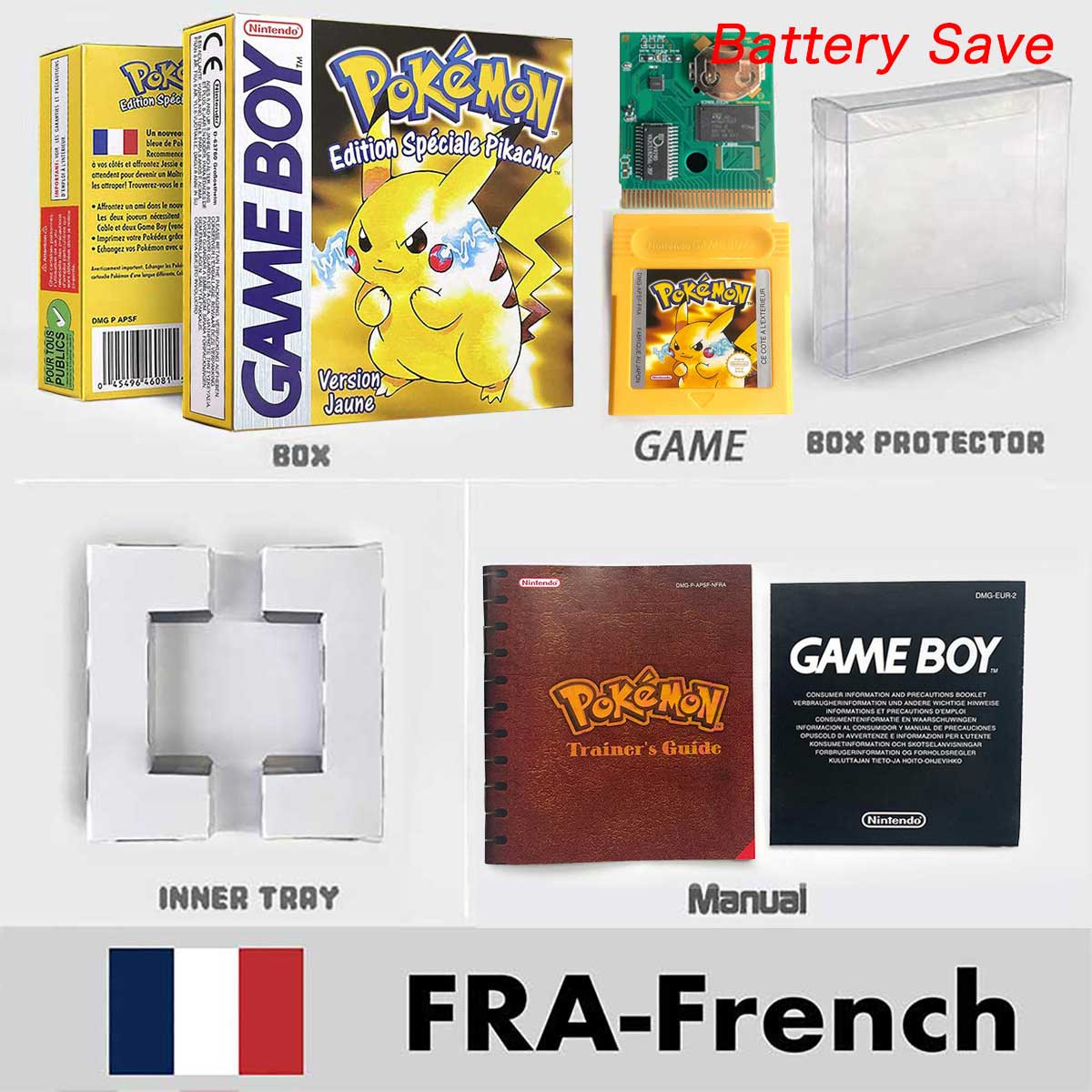 USA ITA NOE FRA ESP version battery save cart sealed pokemon crystal gold silver yellow red blue 16 bit box tray manual Game Cartridge for GBC