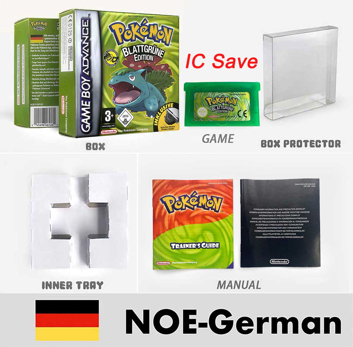 USA FRA NOE FRA IC SAVE Pokemon Emerald Ruby Firered Sapphire LeafGreen Sealed Box Tray Game Cartridge Manual for Gba
