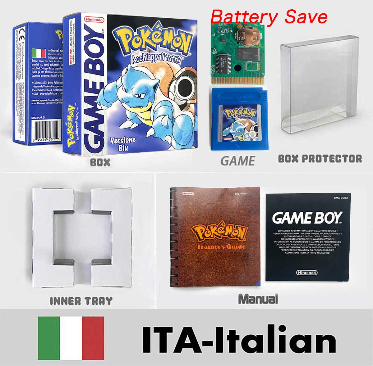USA ITA NOE FRA ESP version battery save cart sealed pokemon crystal gold silver yellow red blue 16 bit box tray manual Game Cartridge for GBC