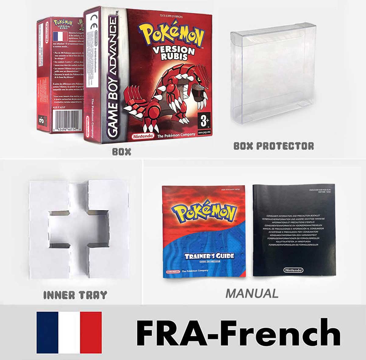 USA FRA NOE FRA Pokemon Emerald Ruby Firered Sapphire LeafGreen Box Tray Manual for Gba