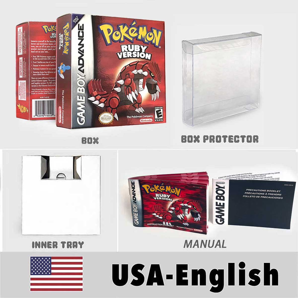 USA FRA NOE FRA Pokemon Emerald Ruby Firered Sapphire LeafGreen Box Tray Manual for Gba