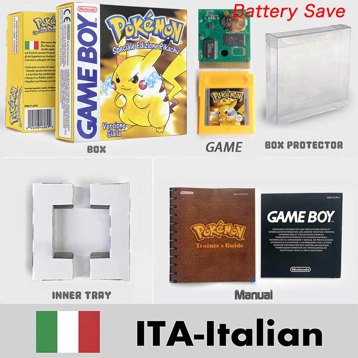 USA ITA NOE FRA ESP version battery save cart sealed pokemon crystal gold silver yellow red blue 16 bit box tray manual Game Cartridge for GBC