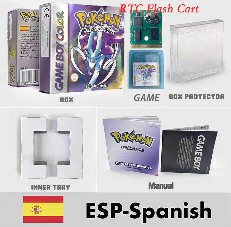 USA ITA NOE FRA ESP pokemon RTC Gold silver crystal NO RTC blue yellow red sealed 16 bit box tray manual Game Cartridge for GBC
