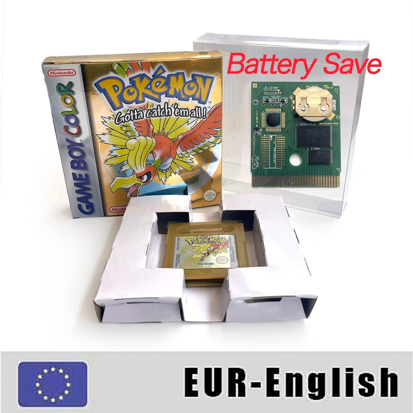GBC game EUR English pokemon gold version RTC Flash cart Nintendo Battery save cartridge with tray box game boy color