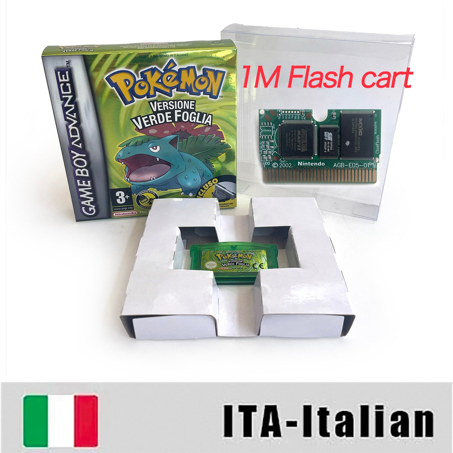 ITA Italian IC save 1 M flash cart pokemon foglia verde version box with tray Nintendo game cartridge for gba game boy advance
