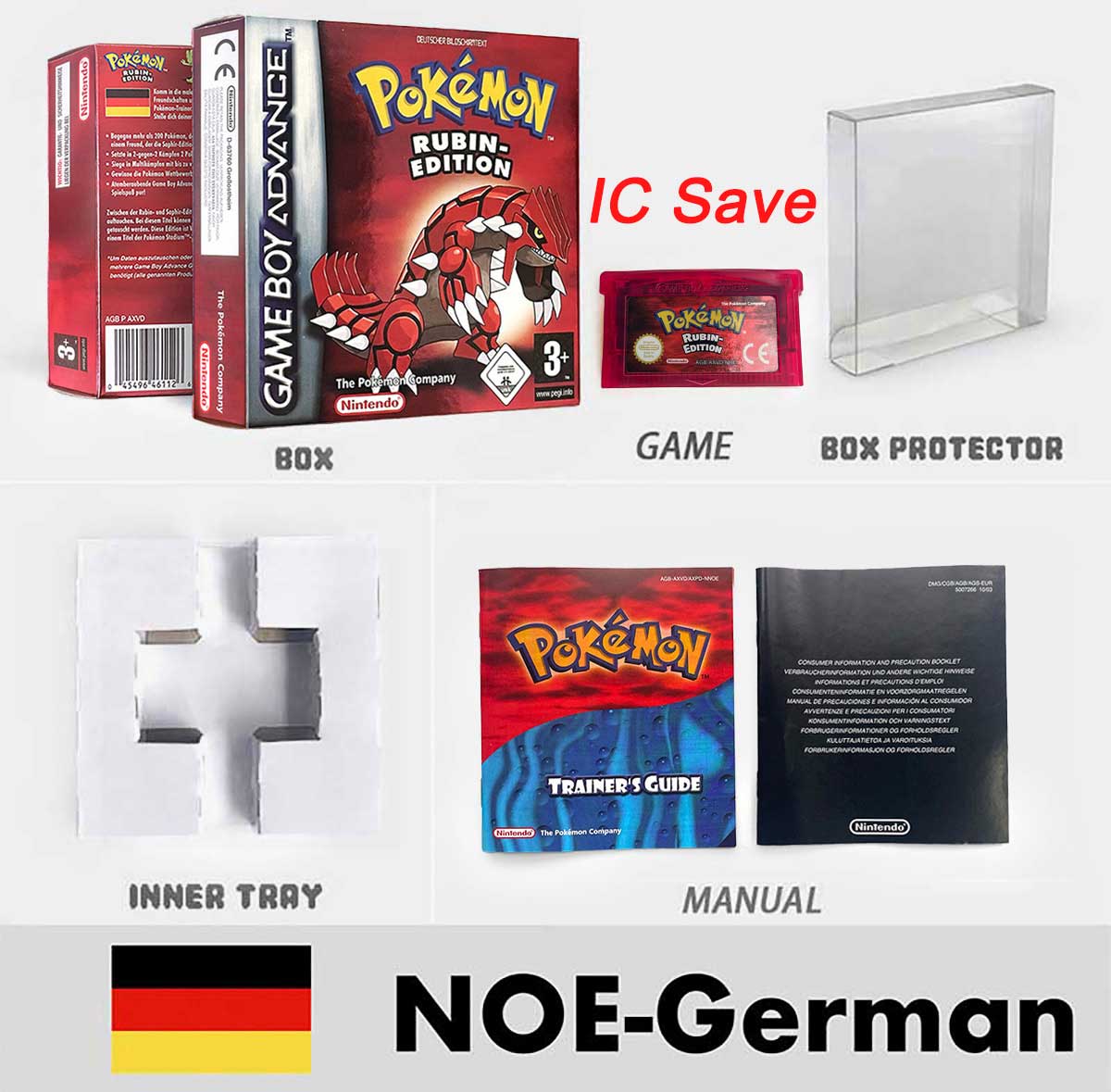 USA FRA NOE FRA IC SAVE Pokemon Emerald Ruby Firered Sapphire LeafGreen Sealed Box Tray Game Cartridge Manual for Gba