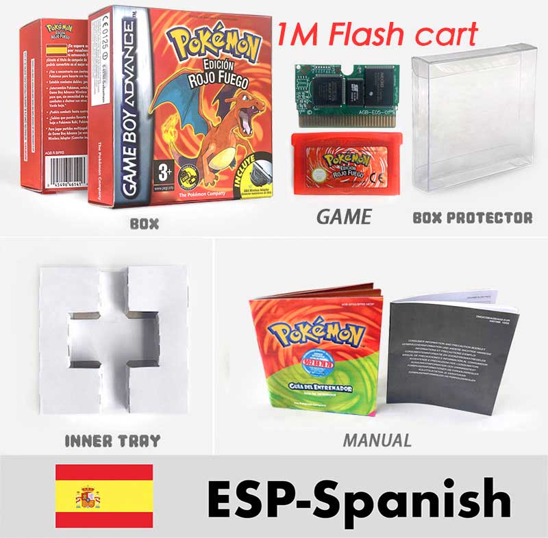 USA FRA NOE FRA RTC/1 M Flash CART pokemon sapphire ruby leafgreen emerald firered sealed box tray Game Cartridge manual for gba