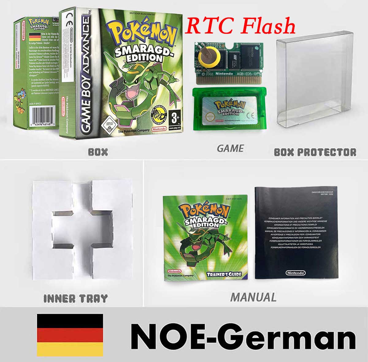 USA FRA NOE FRA RTC/1 M Flash CART pokemon sapphire ruby leafgreen emerald firered sealed box tray Game Cartridge manual for gba