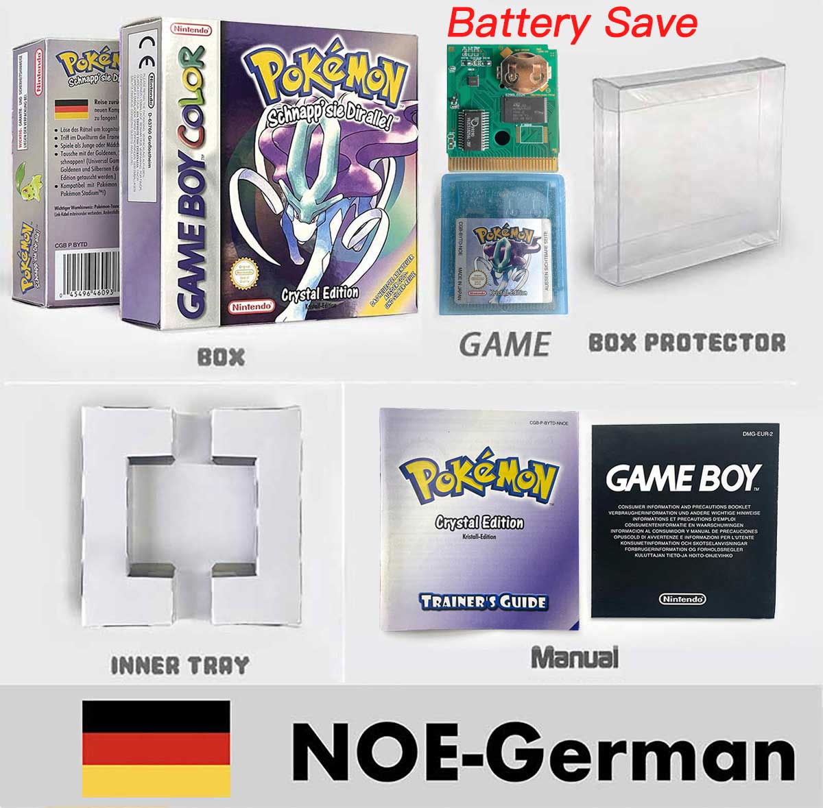 USA ITA NOE FRA ESP version battery save cart sealed pokemon crystal gold silver yellow red blue 16 bit box tray manual Game Cartridge for GBC