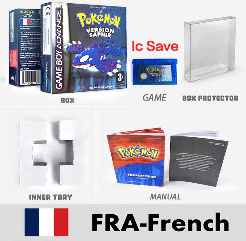 USA FRA NOE FRA IC SAVE Pokemon Emerald Ruby Sapphire LeafGreen Firered Sealed Box Tray Game Cartridge Manual for Gba