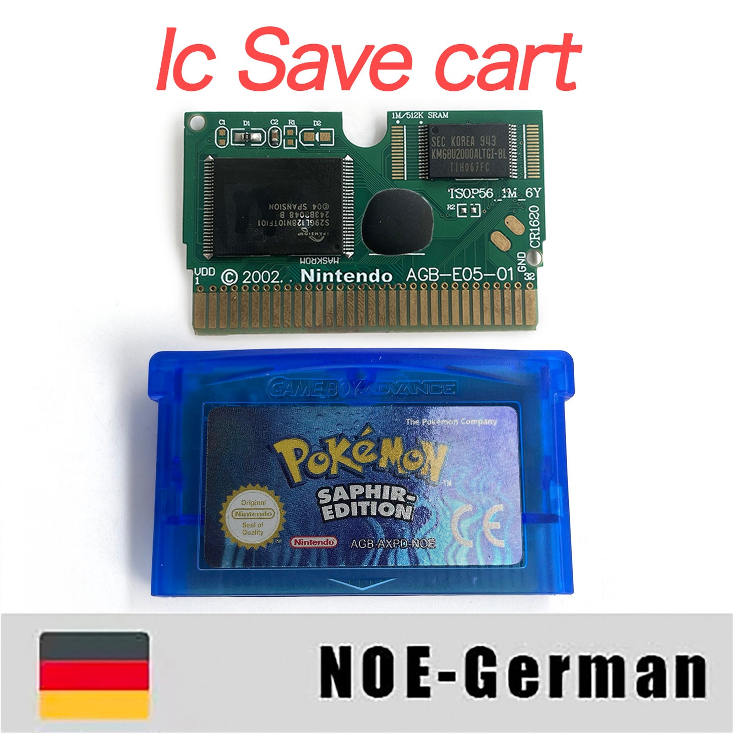 NOE German IC save rtc flash cart Real Time Clock pokemon sapphire version box with tray Nintendo game cartridge for gba