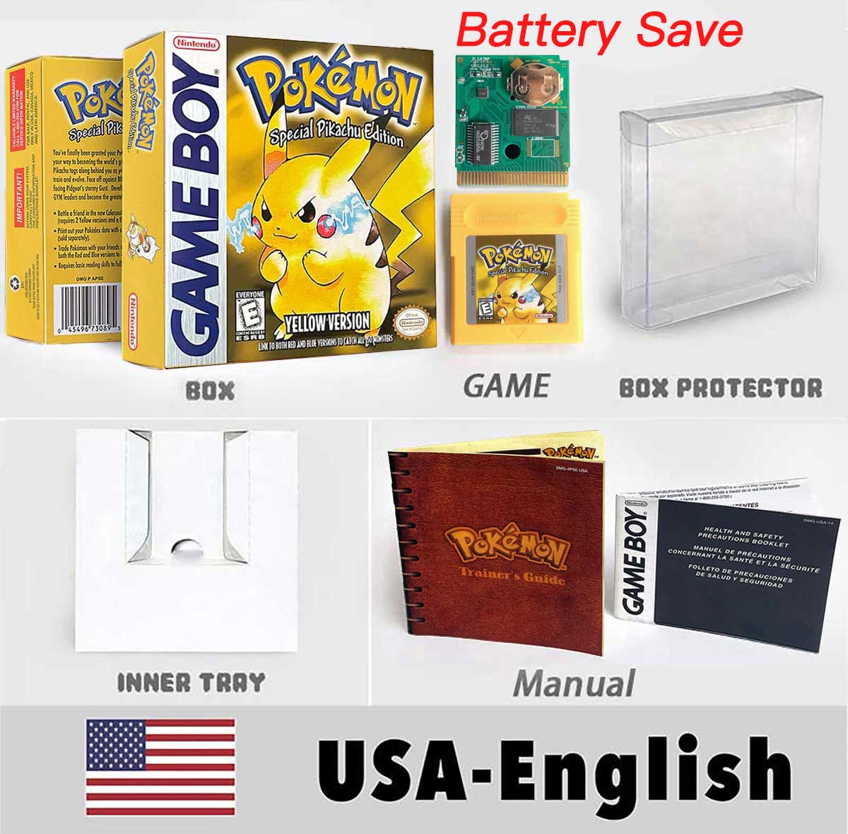 USA ITA NOE FRA ESP version battery save cart sealed pokemon crystal gold silver yellow red blue 16 bit box tray manual Game Cartridge for GBC