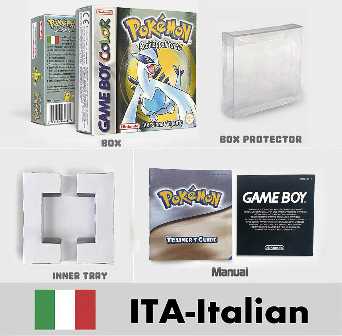 USA FRA NOE ESP ITA Pokemon Yellow Blue Red Crystal Silver Gold Green box and manual for GBC