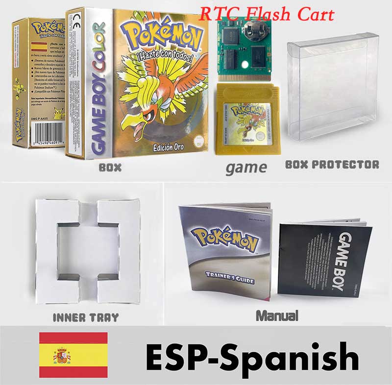 USA ITA NOE FRA ESP pokemon RTC Gold silver crystal NO RTC blue yellow red sealed 16 bit box tray manual Game Cartridge for GBC