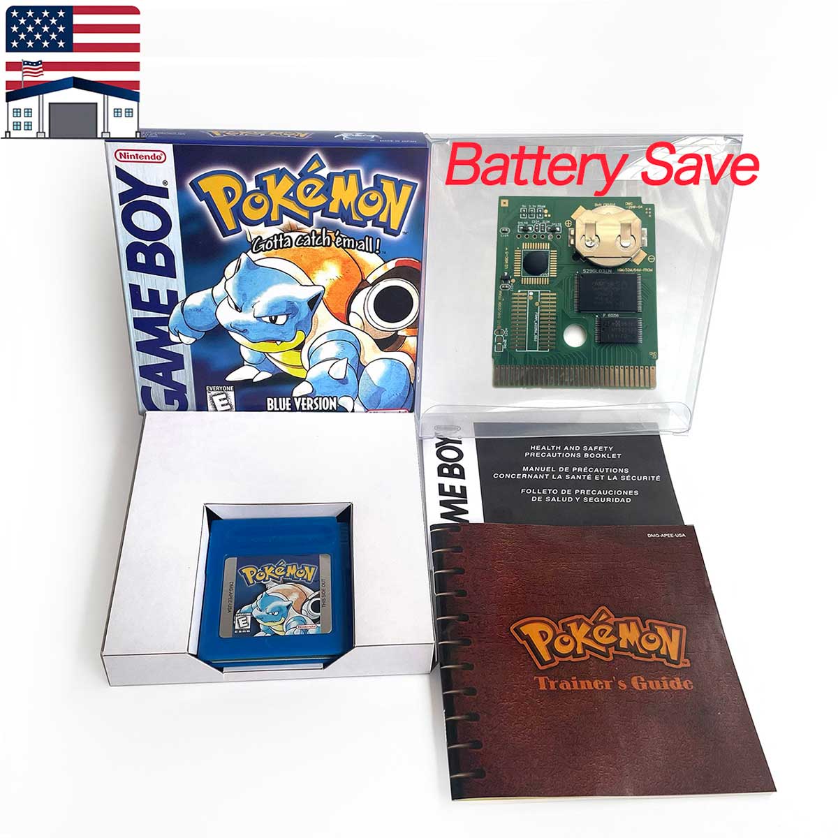 （Shipped from the United States)USA Pokemon Battery Save cart Crtstal, Red, Blue green,Yellow, Gold, Silver,  box trey manual Game Cartridge for GBC