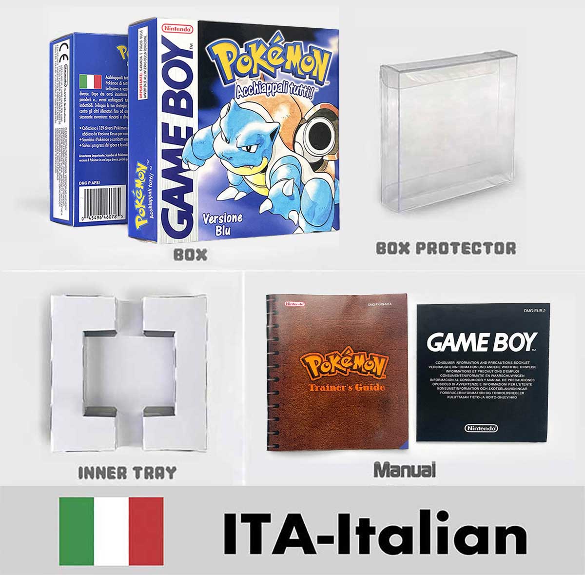 USA FRA NOE ESP ITA Pokemon Yellow Blue Red Crystal Silver Gold Green box and manual for GBC