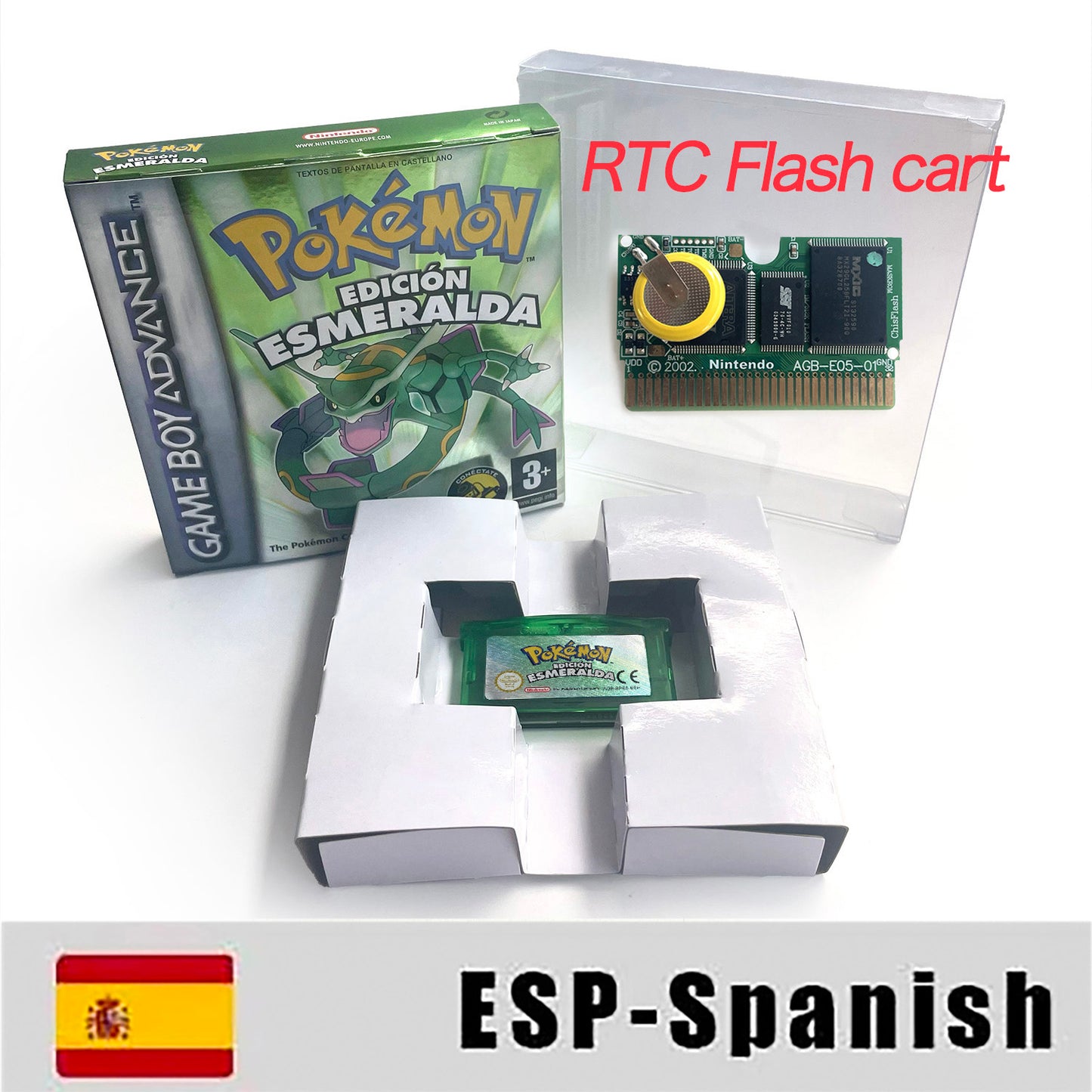 ESP Spanish IC save rtc flash cart Real Time Clock pokemon emerald version box with tray Nintendo game cartridge for gba