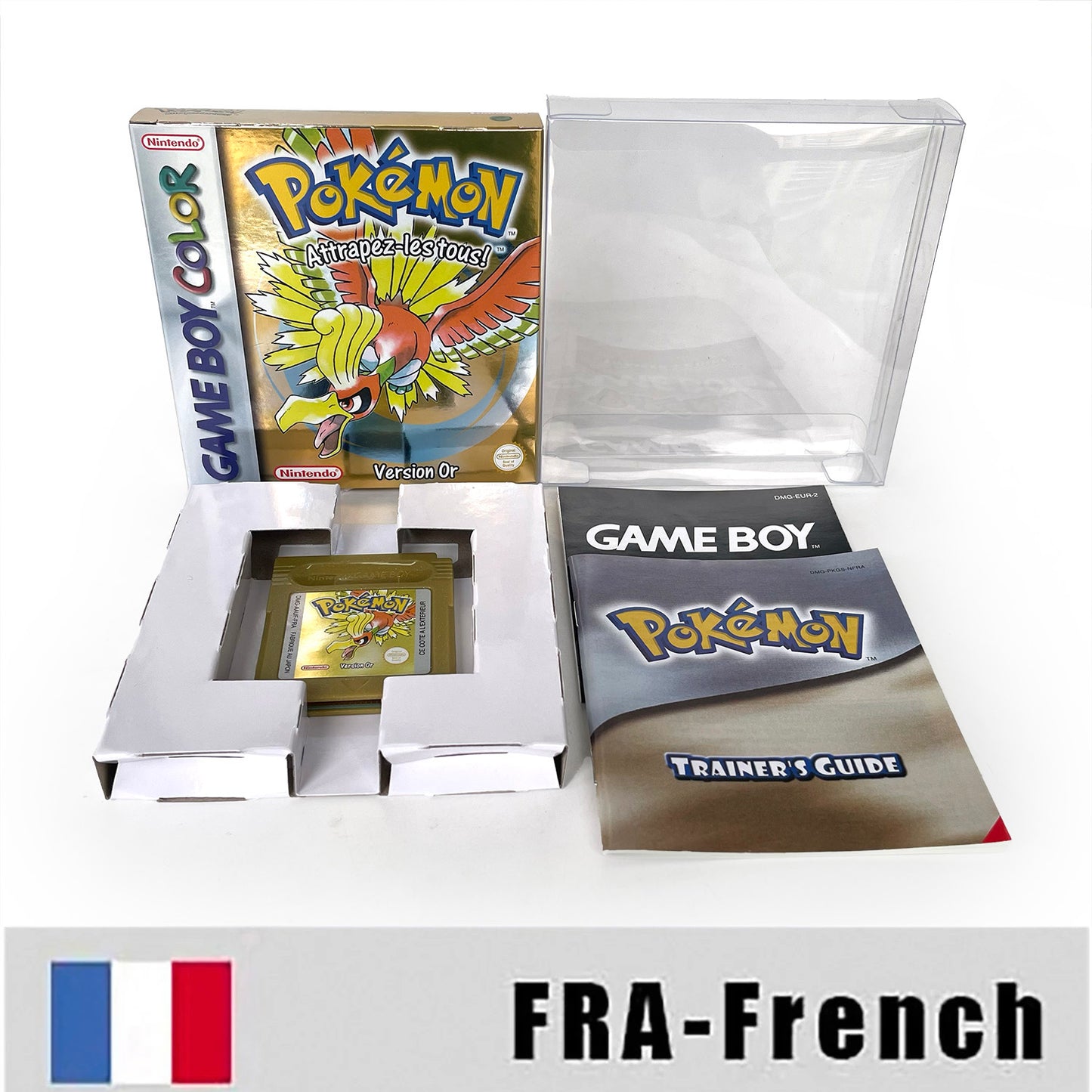 gbc game FRA French pokemon gold version RTC Flash cart Battery save pokemon Or cartridge with tray box game boy color