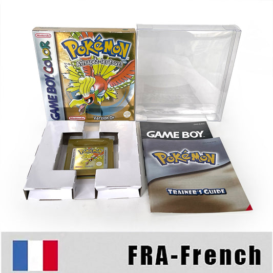 gbc game FRA French pokemon gold version RTC Flash cart Battery save pokemon Or cartridge with tray box game boy color