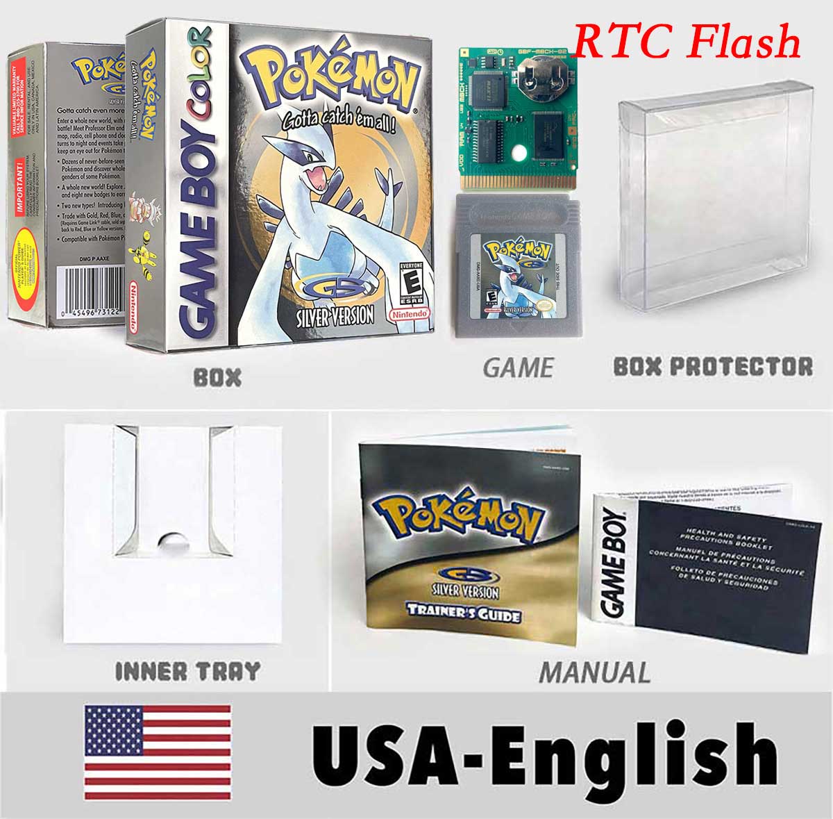 USA ITA NOE FRA ESP pokemon RTC Gold silver crystal NO RTC yellow red blue sealed 16 bit box tray manual Game Cartridge for GBC