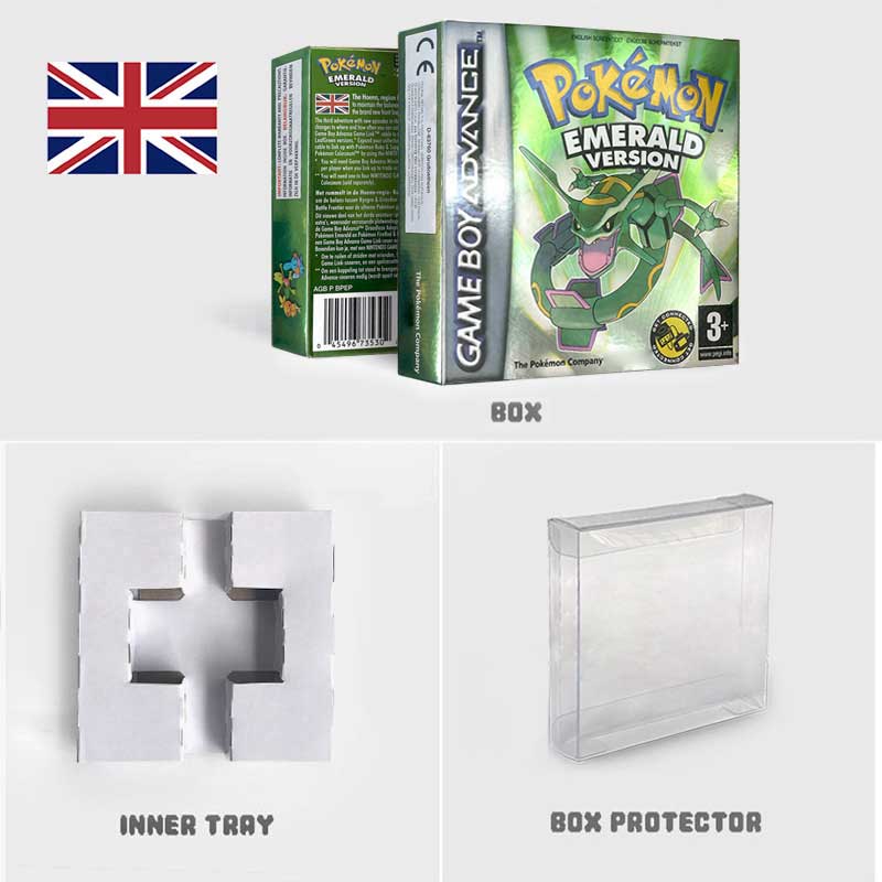 USA FRA NOE ESP ITA EUR Pokemon Emerald Sapphire Leafgreen Ruby Firered Metallic FoilFinish Box Trey Manual label for GBA