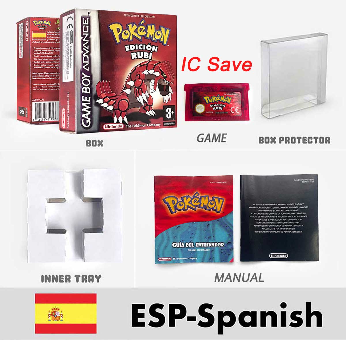 USA FRA NOE FRA IC SAVE Pokemon Emerald Ruby Firered Sapphire LeafGreen Sealed Box Tray Game Cartridge Manual for Gba