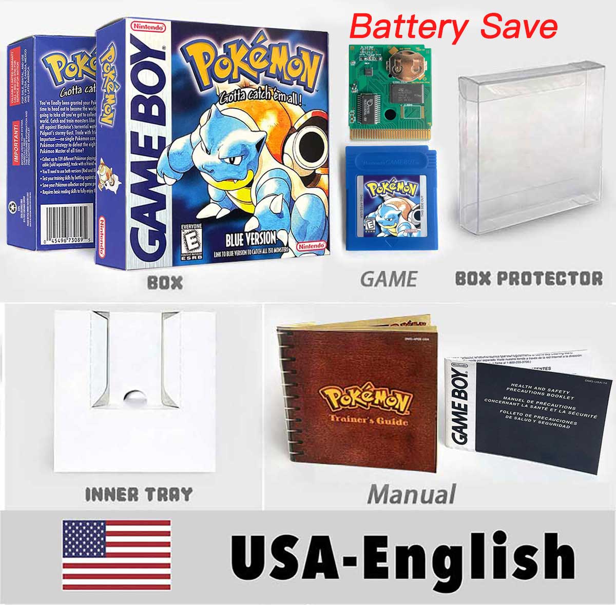 USA ITA NOE FRA ESP version battery save cart sealed pokemon crystal gold silver yellow red blue 16 bit box tray manual Game Cartridge for GBC