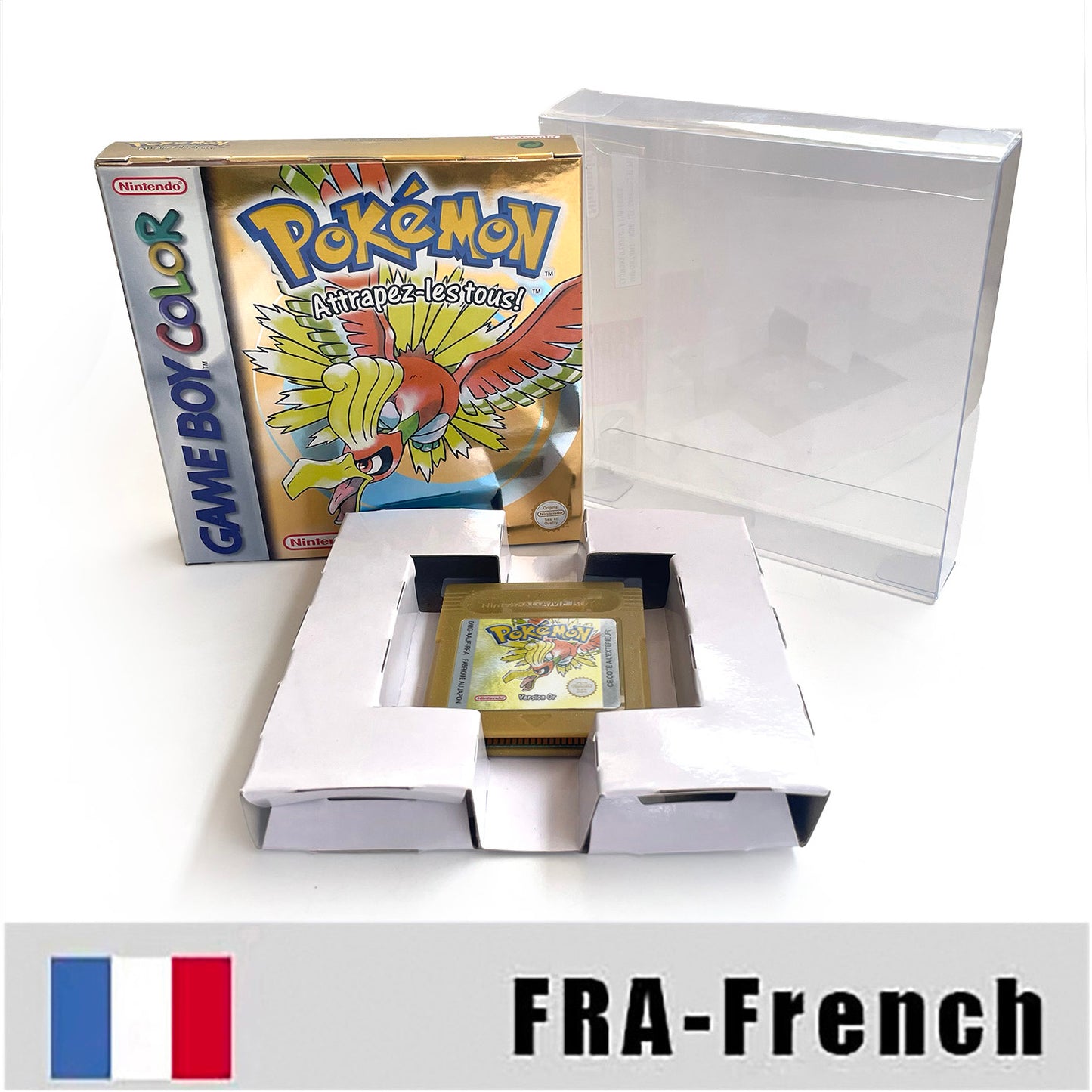 gbc game FRA French pokemon gold version RTC Flash cart Battery save pokemon Or cartridge with tray box game boy color