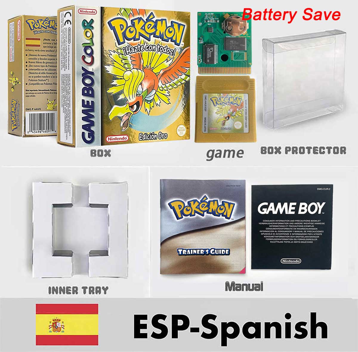 USA ITA NOE FRA ESP version battery save cart sealed pokemon crystal gold silver yellow red blue 16 bit box tray manual Game Cartridge for GBC