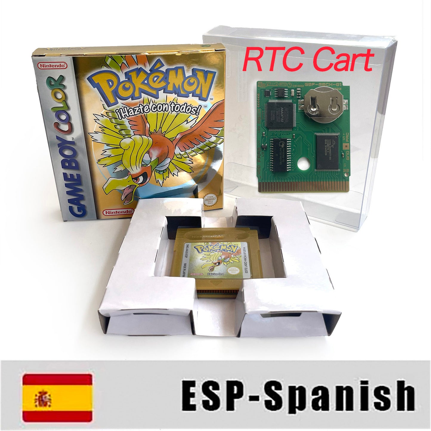 gbc game ESP Spanish pokemon gold version RTC Flash cart Battery save pokemon oro cartridge with tray box game boy color
