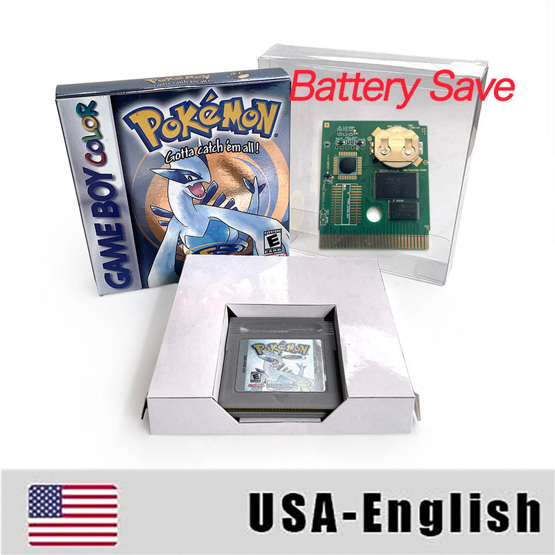 Battery Save pokemon yellow blue red crystal silver gold green USA EUR FRA ESP NOE ITA Game Cartridge with box for GBC