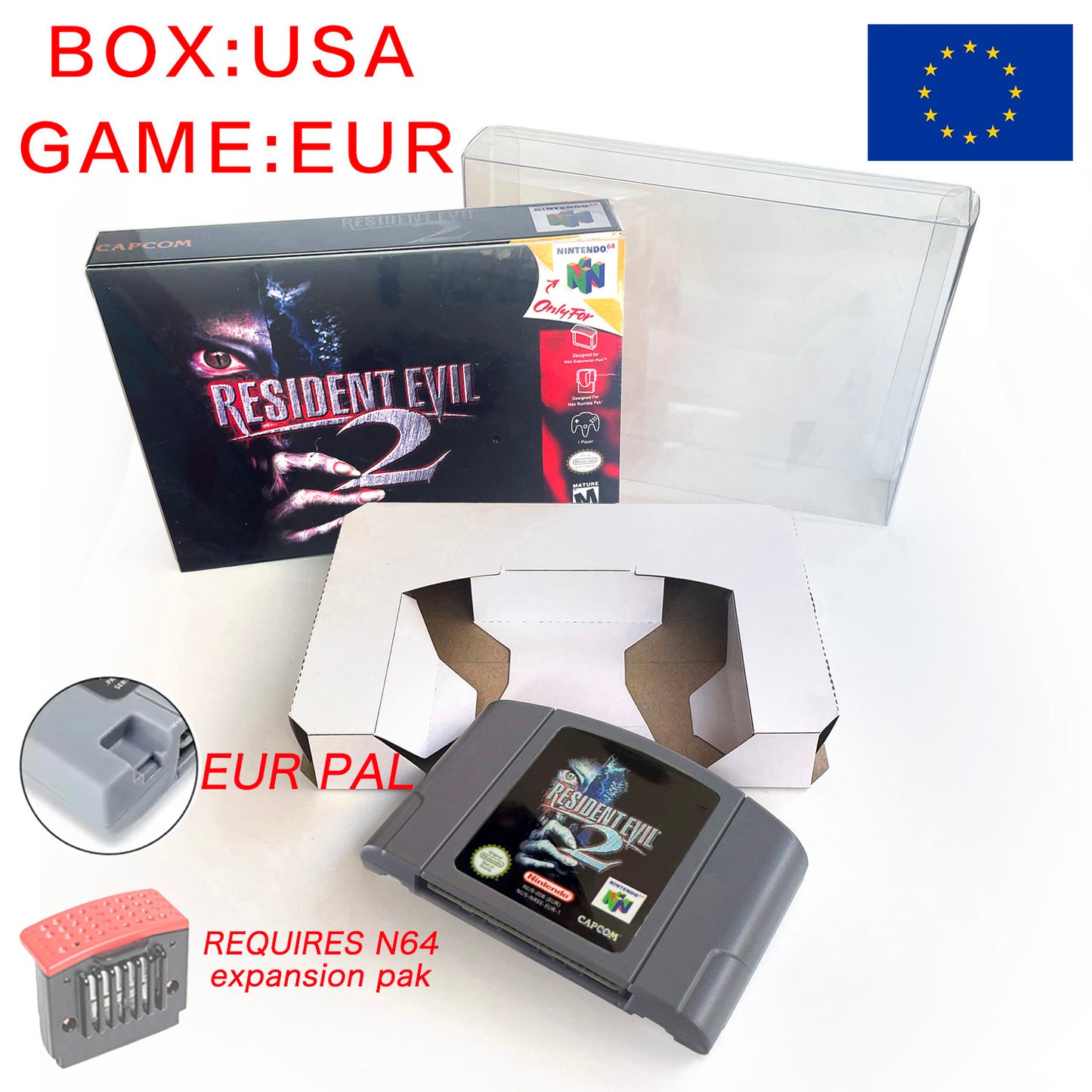 EUR PLA version English Resident Evil 2 game cartridge with tray box for N64 Nintendo 64