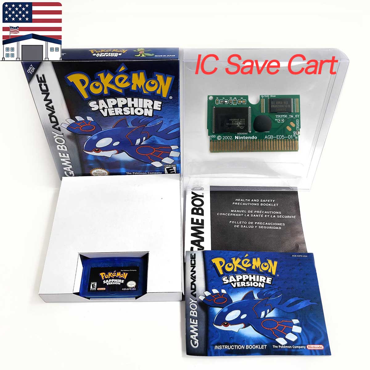 （Shipped from the United States) USA English IC Save Pokemon Emerald Sapphire Leafgreen Ruby Firered Metallic FoilFinish Box Trey Manual Game Cartridge for GBA