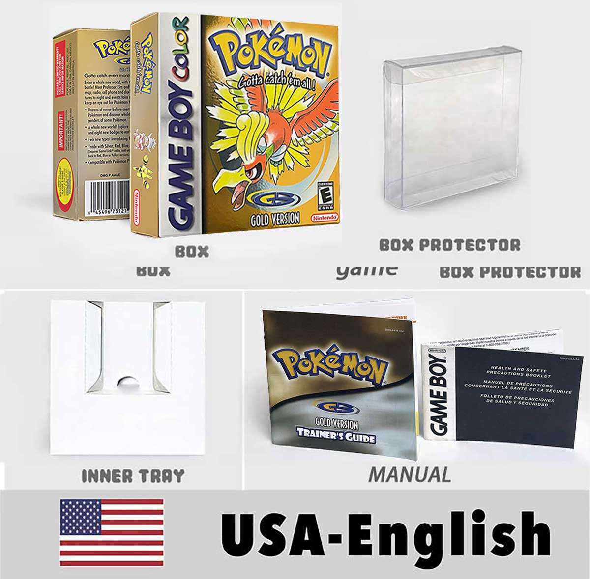 USA FRA NOE ESP ITA Pokemon Yellow Blue Red Crystal Silver Gold Green box and manual for GBC