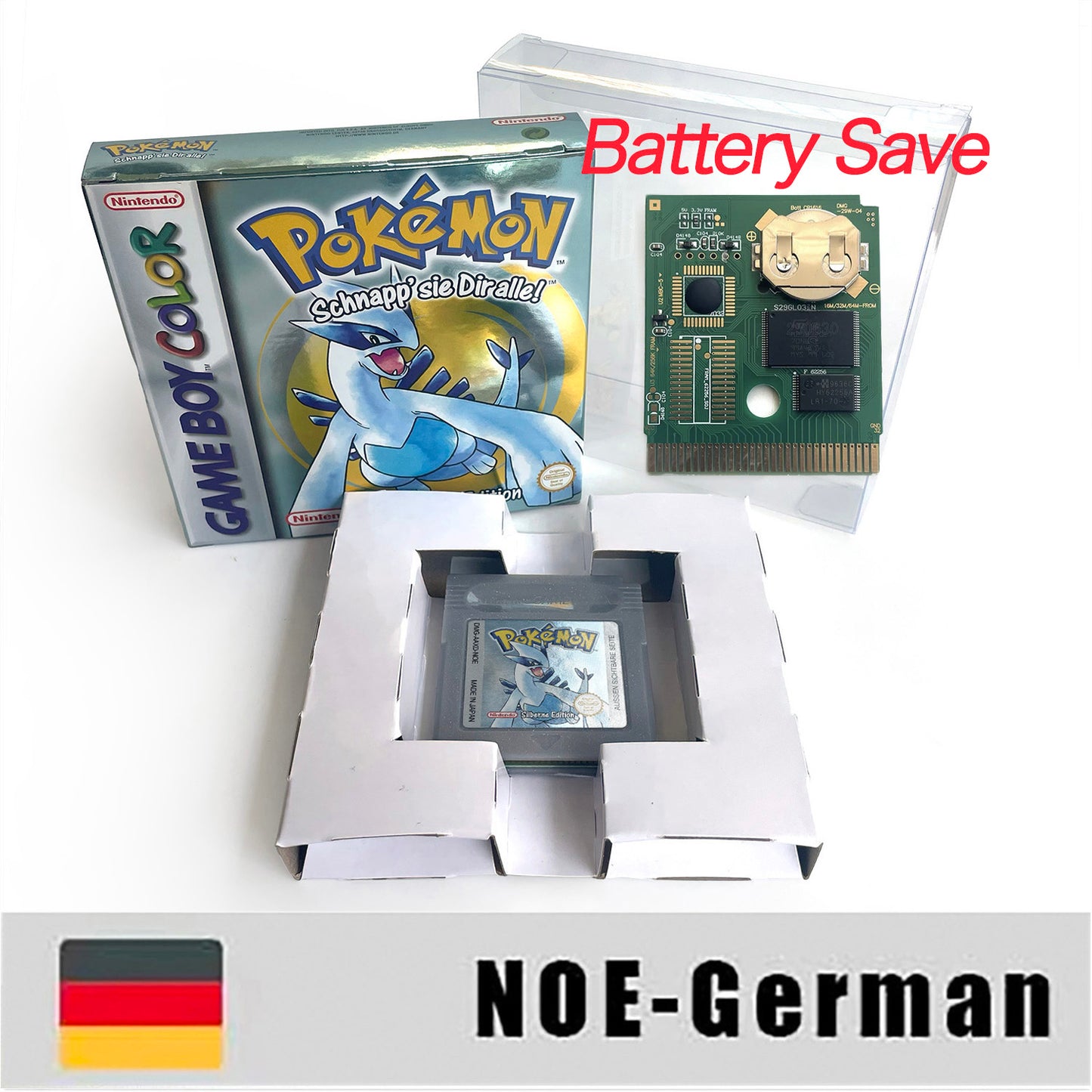 GBC game NOE German pokemon silver version RTC Flash cart Battery save Nintendo pokemon Silber cartridge tray box game boy color
