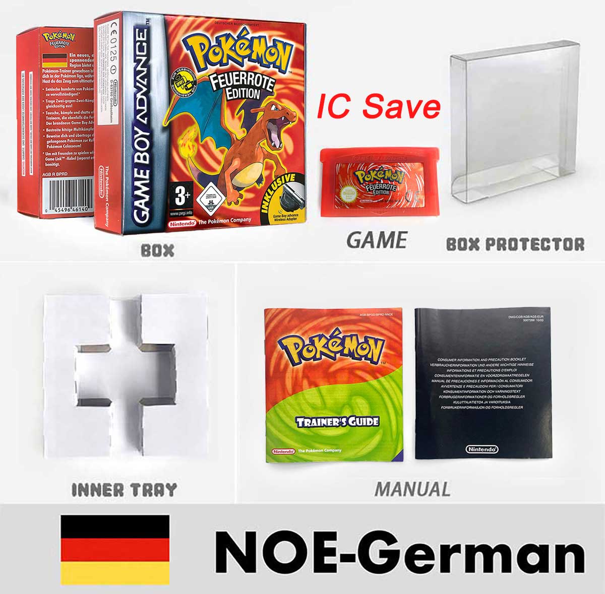 USA FRA NOE FRA IC SAVE Pokemon Emerald Ruby Firered Sapphire LeafGreen Sealed Box Tray Game Cartridge Manual for Gba