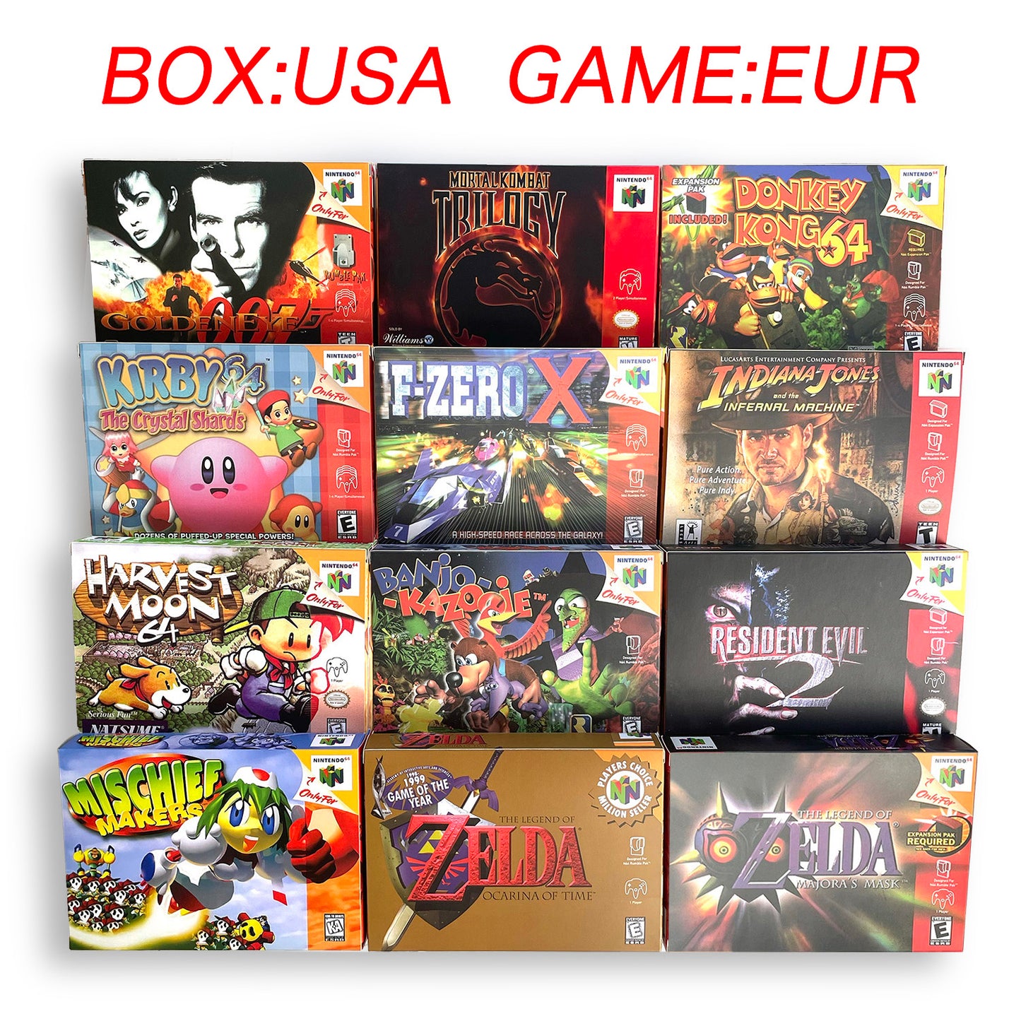 EUR PLA Version English Zelda Major Mask Resident Evil 2 Banjo Kazooie Mario Party 2 Game Cartridge with Tray Box for N64 Nintendo 64