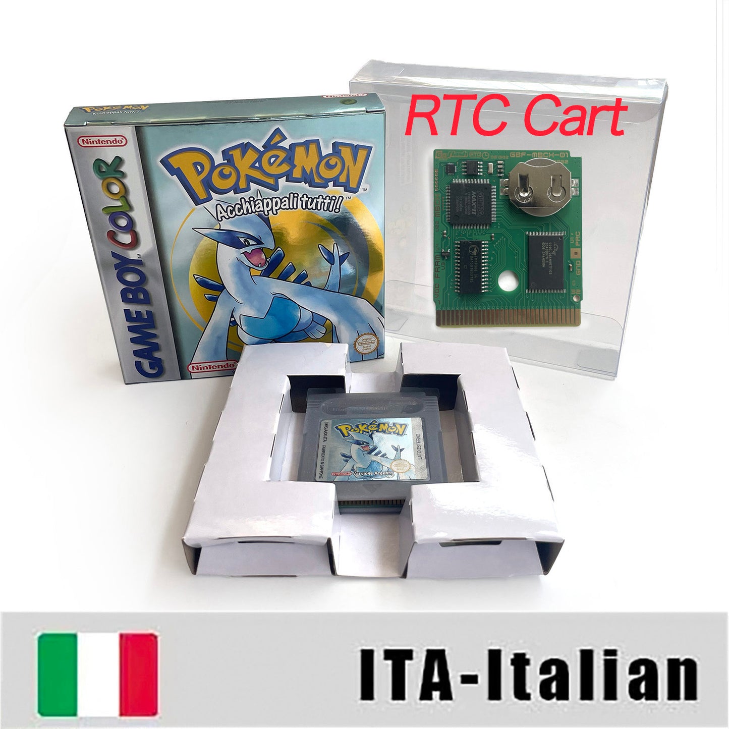 GBC game ITA Italian pokemon silver version RTC Flash cart Battery save Nintendo pokemon argento cartridge tray box game boy color