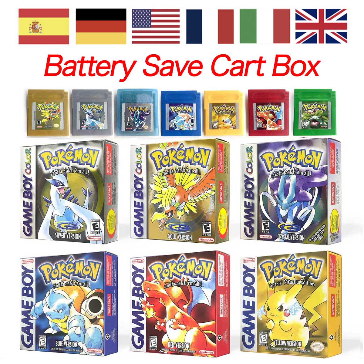 USA EUR FRA ESP NOE ITA pokemon yellow blue red crystal silver gold green Battery Save Game Cartridge with box for GBC