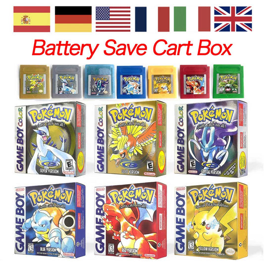 USA EUR FRA ESP NOE ITA pokemon yellow blue red crystal silver gold green Battery Save Game Cartridge with box for GBC