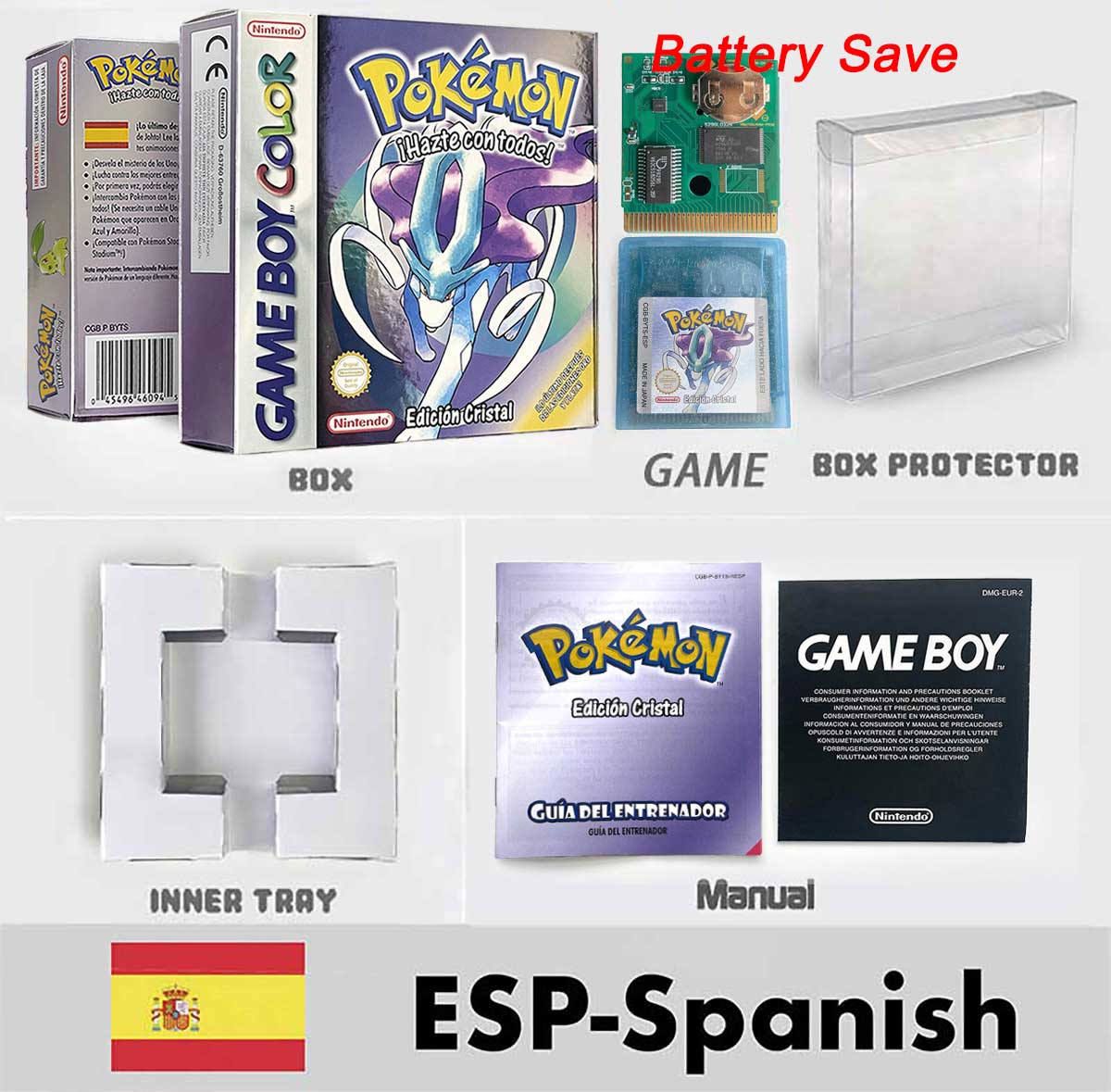 USA ITA NOE FRA ESP version battery save cart sealed pokemon crystal gold silver yellow red blue 16 bit box tray manual Game Cartridge for GBC