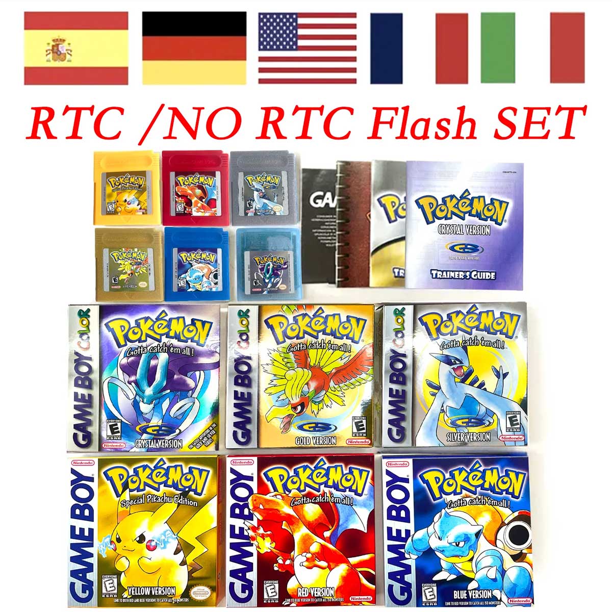 USA ITA NOE FRA ESP pokemon RTC Gold silver crystal NO RTC blue yellow red sealed 16 bit box tray manual Game Cartridge for GBC
