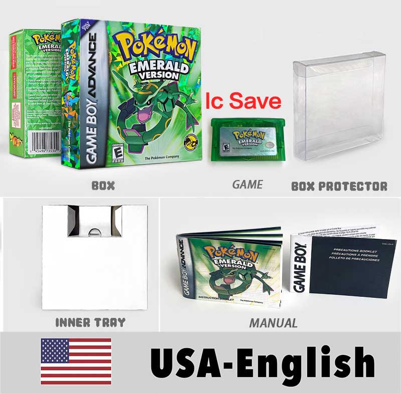 USA FRA NOE FRA IC SAVE Pokemon Emerald Ruby Sapphire LeafGreen Firered Sealed Box Tray Game Cartridge Manual for Gba