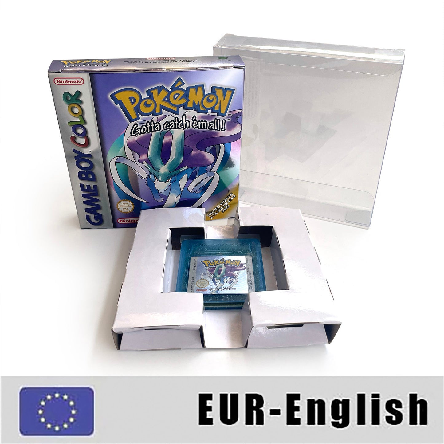 GBC game EUR english pokemon crystal version RTC Flash cart Battery save Nintendo cartridge tray box game boy color