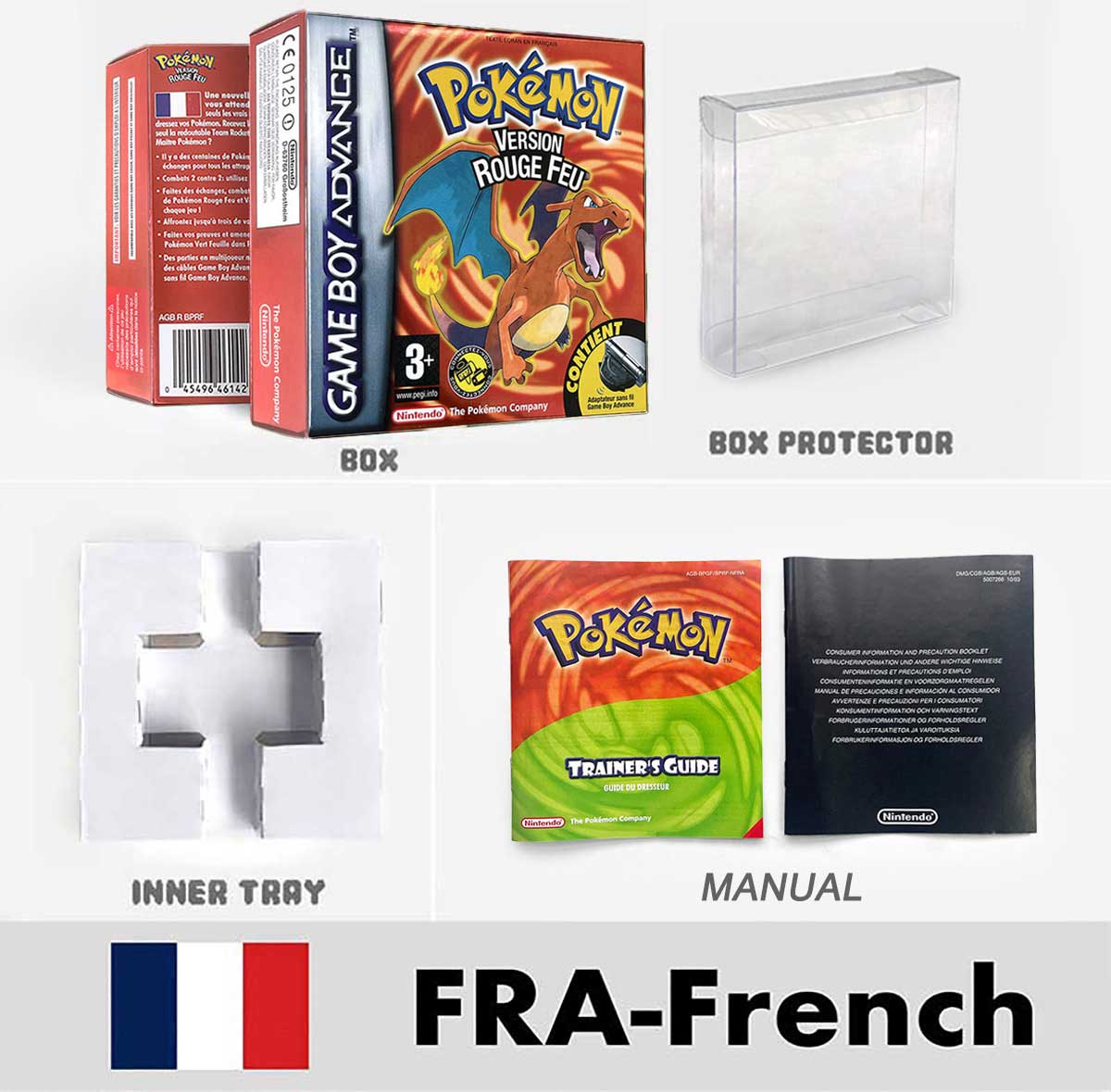 USA FRA NOE FRA Pokemon Emerald Ruby Firered Sapphire LeafGreen Box Tray Manual for Gba